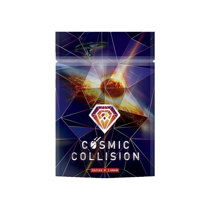 Diamond Concentrates Shatter "Cosmic Collision" packaging with a space-themed design showing a cosmic explosion, overlaid with geometric patterns.