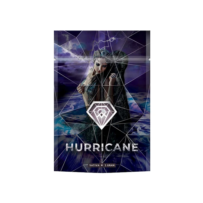 Diamond Concentrates Shatter "Hurricane" packaging featuring an intense design with a female figure in a stormy, ocean-like background.
