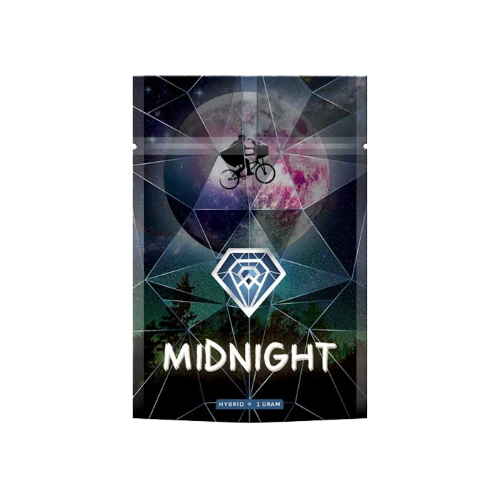 Diamond Concentrates Shatter "Midnight" packaging featuring a cosmic design with a large moon and stars in the background. The front shows a cyclist silhouette against the moon.