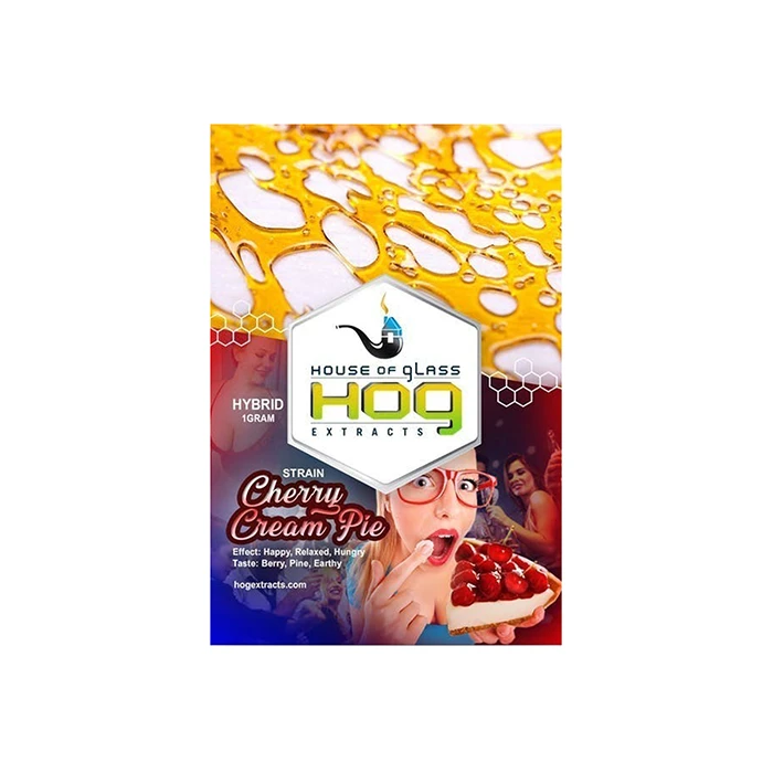 House of Glass Cherry Cream Pie shatter packaging, with bright, colorful imagery, highlighting strain effects like happy, relaxed, and hungry, and a flavor profile of berry, pine, and earthy.