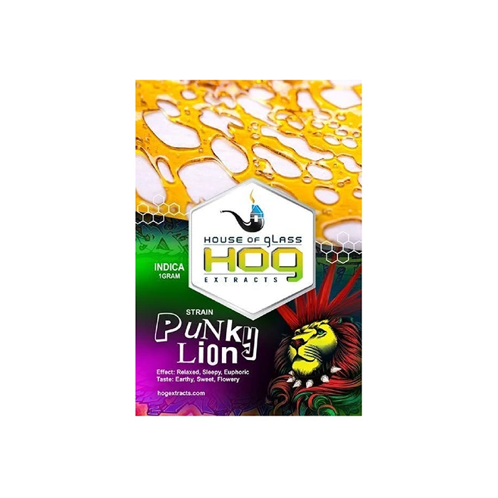 House of Glass Punky Lion shatter packaging, with a vibrant lion and cannabis leaves, promoting relaxed, sleepy, euphoric effects, and earthy, sweet, flowery flavors.