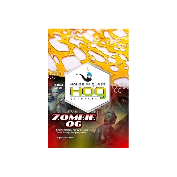 House of Glass Zombie OG shatter packaging, featuring zombie-themed artwork, strain effects of relaxed, happy, creative, with earthy, pungent, sweet flavors.