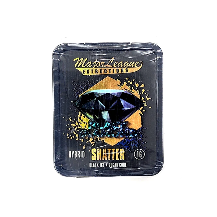A close-up of Major League Extractions Black Diamond Shatter hybrid packaging, featuring a black and holographic diamond design.