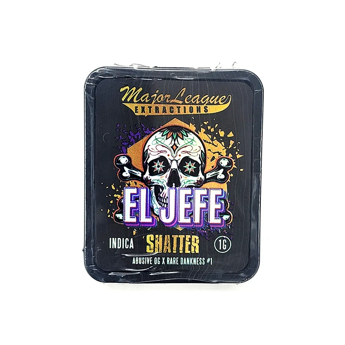 A front view of Major League Extractions El Jefe Shatter indica packaging, showcasing a detailed sugar skull with vibrant colors.