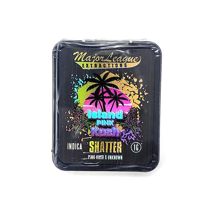 Front view of Major League Extractions Island Pink Kush Shatter indica packaging, with a vibrant tropical island and palm trees design.