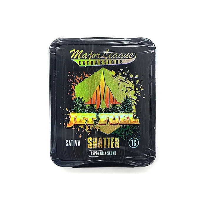Front view of Major League Extractions Jet Fuel Shatter sativa packaging, displaying a fuel and mountain-themed design.