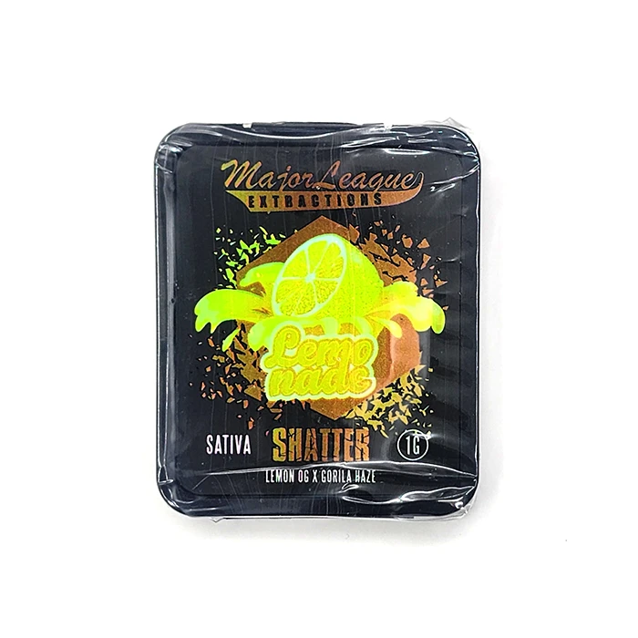 Front view of Major League Extractions Lemonade Shatter sativa packaging, with a vivid lemon splash design.
