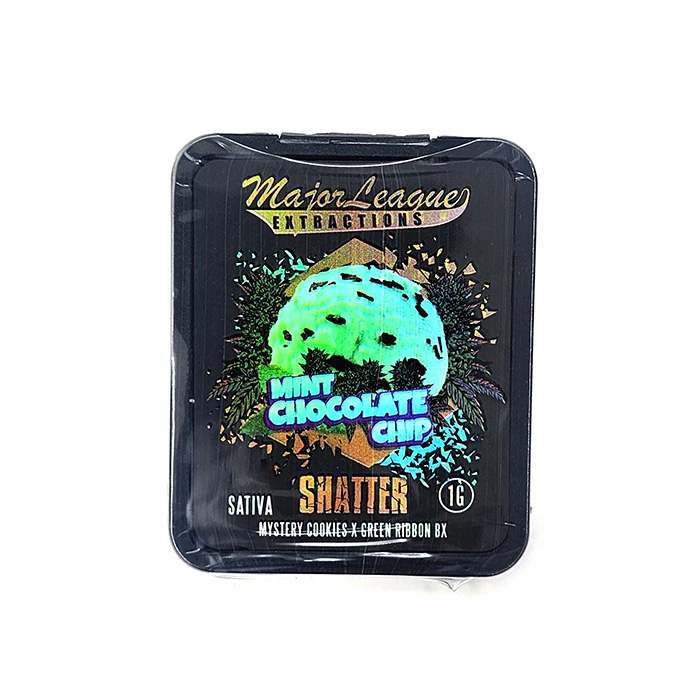 Front view of Major League Extractions Mint Chocolate Chip Shatter sativa packaging, displaying a mint chocolate chip ice cream design.
