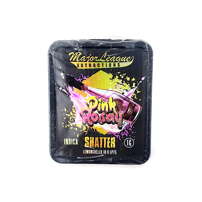 Front view of Major League Extractions Pink Rosay Shatter indica packaging, featuring a vibrant pink champagne bottle design.