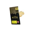 A black and gold package of Willo Cannabis Shatter, featuring 100% organic labeling and Canadian cannabis warnings. The package is partially open, showing a piece of translucent, golden cannabis shatter.