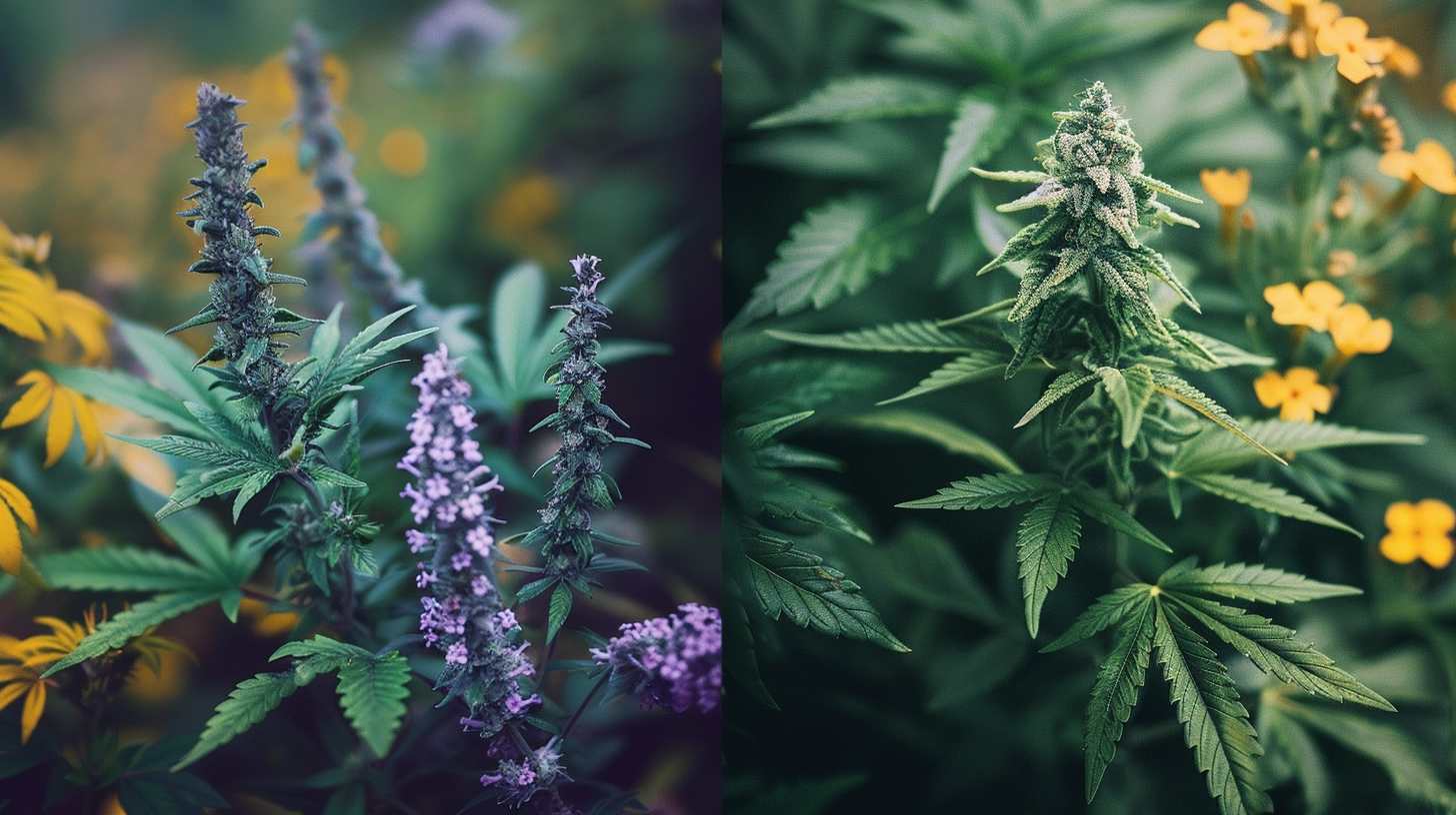 A side-by-side comparison of cannabis plants in a natural outdoor setting. The left image features a tall, slender Sativa plant with narrow leaves and purple flowers surrounded by yellow foliage. The right image showcases a shorter, bushy Indica plant with broad, dark green leaves and dense, frosty buds, complemented by small yellow flowers in the background