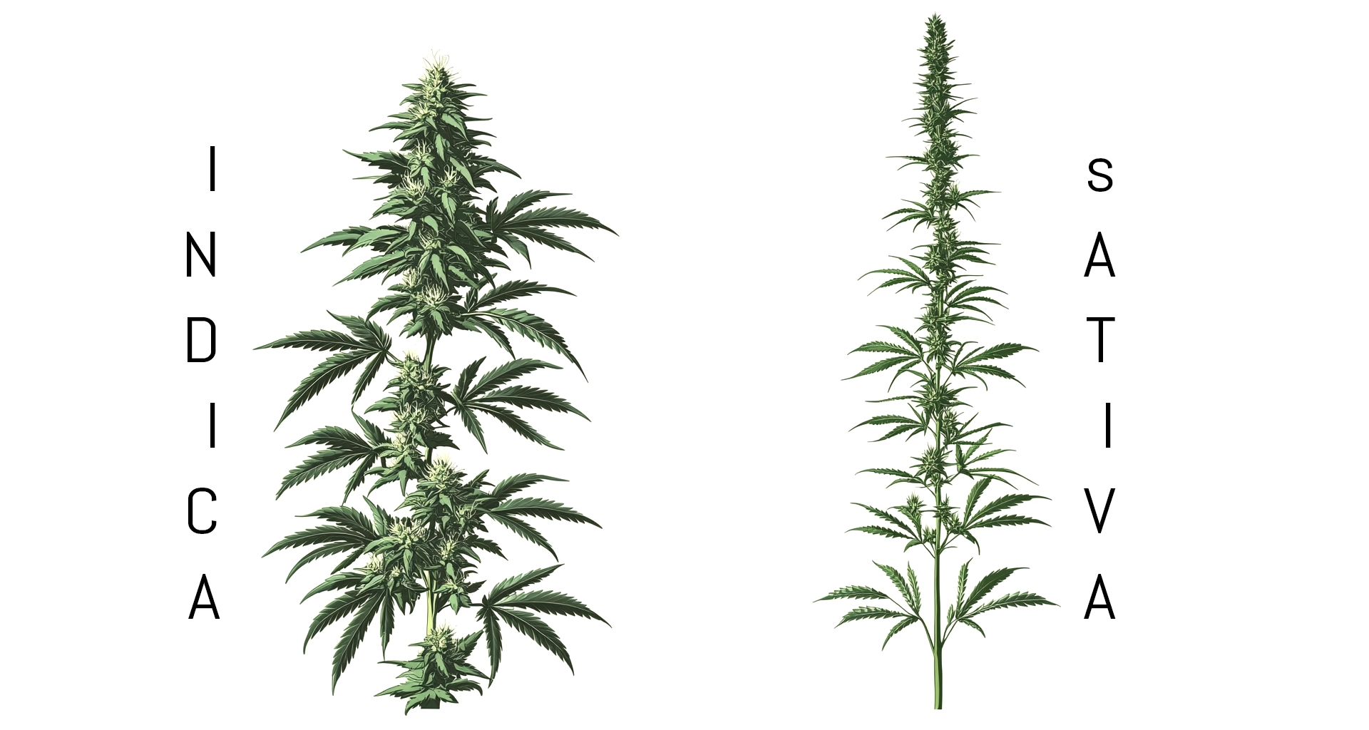 two cannabis plants side by side: a short, bushy Indica with broad, dark green leaves and dense buds, contrasted with a tall, slender Sativa featuring narrow, light green leaves and elongated flowers