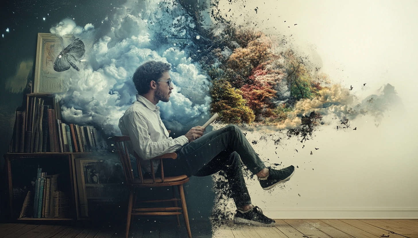 A surreal image of a man sitting on a wooden chair, reading a book, with vibrant, dreamlike elements emanating from him. On the left, a dark library filled with books transitions into clouds, butterflies, and mystical imagery. On the right, the scene transforms into colorful trees, nature, and birds, symbolizing imagination and creativity blending with reality