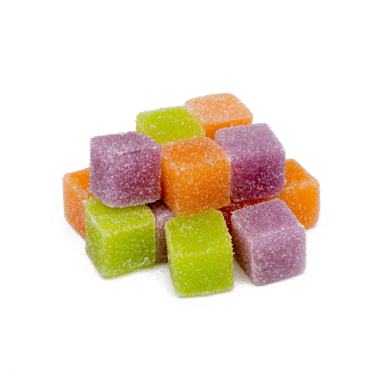 A small pile of Bliss Party Mix cannabis-infused gummies in purple, green, and orange, stacked in a pyramid shape