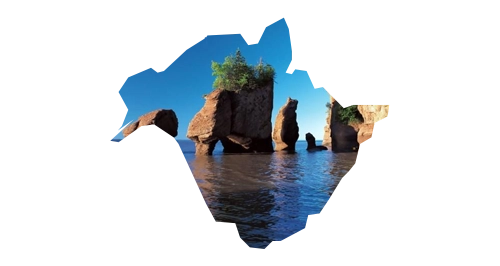 New Brunswick outline filled with Hopewell Rocks at the Bay of Fundy — featured on Weed Market, Canada's go-to online dispensary.