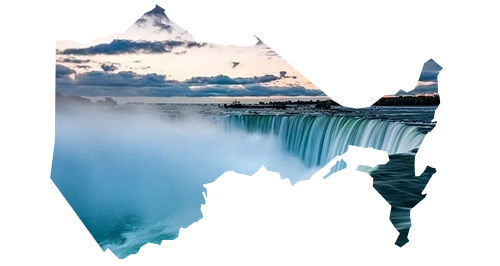 Ontario province outline filled with a picture of a sunset over Niagara Falls, featured on Weed Market - Canada's go-to online dispensary in ON.