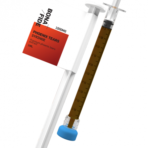 A single Bonafide Phoenix Tears syringe filled with dark oil, showing detailed labeling for precise dosing, 1000mg THC content