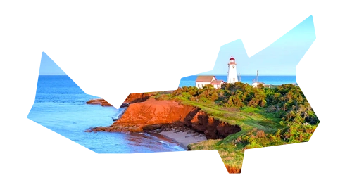 A creatively shaped image of Prince Edward Island featuring a lighthouse, red cliffs, and the ocean, representing PEI cannabis and showcased on Weed Market.