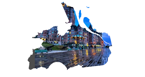 Quebec province outline filled with a picture of Quebec City’s Château Frontenac and boardwalk at dusk, featured on Weed Market - Canada's go-to online dispensary in QC.