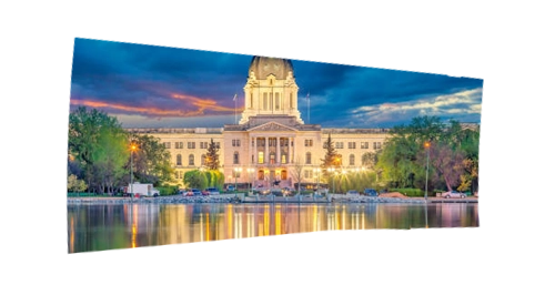 Saskatchewan province outline filled with a picture of Saskatchewan Legislative Building at dusk reflected on Wascana Lake, featured on Weed Market - Canada's go-to online dispensary in SK.