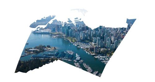 British Columbia province outline filled with a picture of the port of Vancouver, featured on Weed Market - Canada's go-to online dispensary in BC.