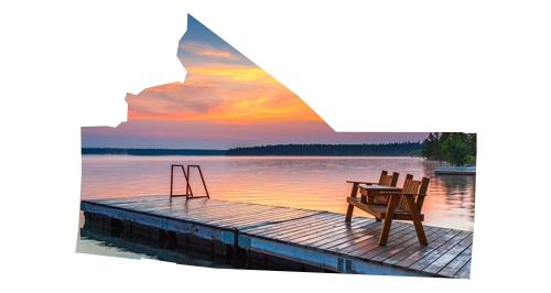 Manitoba province outline filled with a picture of a sunset and a pier overlooking Lake Winnipeg, featured on Weed Market - Canada's go-to online dispensary in MB.