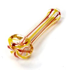 A small glass pipe with swirling red and yellow stripes along the length of the pipe, featuring a round bowl and sleek ergonomic design.