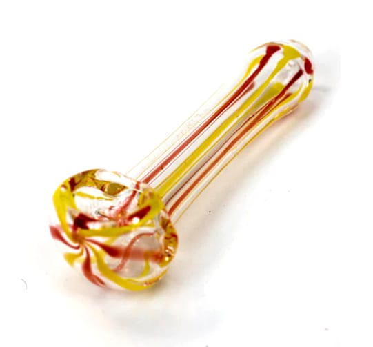 A small glass pipe with swirling red and yellow stripes along the length of the pipe, featuring a round bowl and sleek ergonomic design.