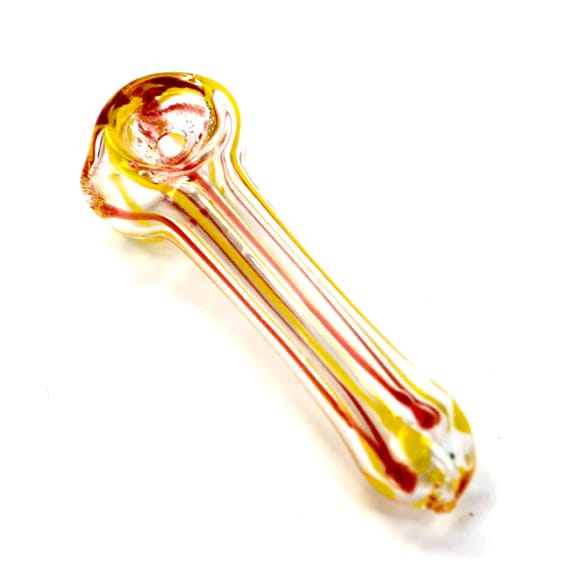 Top view of a small 2.5" glass hand pipe, showcasing its colorful red and yellow design with a wide bowl and smooth glass finish for easy handling.