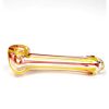 Side view of a 2.5" glass hand pipe with yellow and red striped accents, designed for smoking herbs, with thick glass walls for durability.