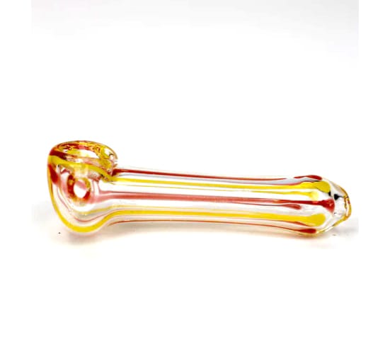 Side view of a 2.5" glass hand pipe with yellow and red striped accents, designed for smoking herbs, with thick glass walls for durability.
