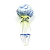 Top view of a 3-inch glass weed pipe with a multi-colored spiral design and three directional airflow holes