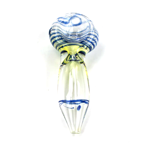 Top view of a 3-inch glass weed pipe with a multi-colored spiral design and three directional airflow holes