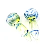 Pair of 3-inch glass weed pipes with a yellow and blue spiral design, showcasing the thick glass walls and compact size