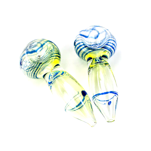 Pair of 3-inch glass weed pipes with a yellow and blue spiral design, showcasing the thick glass walls and compact size