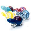 Five colorful animal-shaped glass pipes designed to resemble turtles, featuring swirled stripes in blue, red, and yellow.