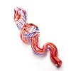 A close-up image of a red, white, and blue striped glass pipe shaped like a snake, coiled with a small bowl at the top.