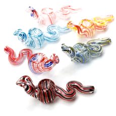 A collection of colorful, handcrafted animal shaped pipe cannabis in the shape of wavy snakes, with various stripe designs in red, blue, yellow, and orange.