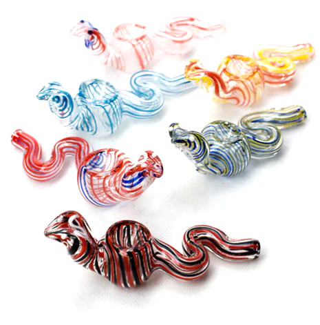 A collection of colorful, handcrafted animal shaped pipe cannabis in the shape of wavy snakes, with various stripe designs in red, blue, yellow, and orange.