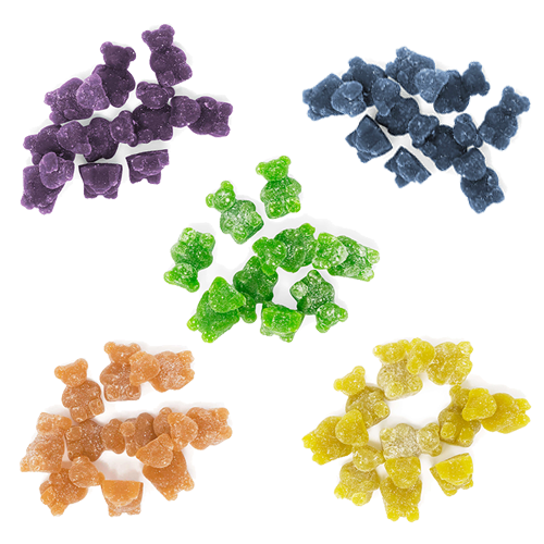 Five piles of BuudaBomb Gummies in various colors representing different flavors, including purple, blue, green, yellow, and orange gummy bears arranged separately