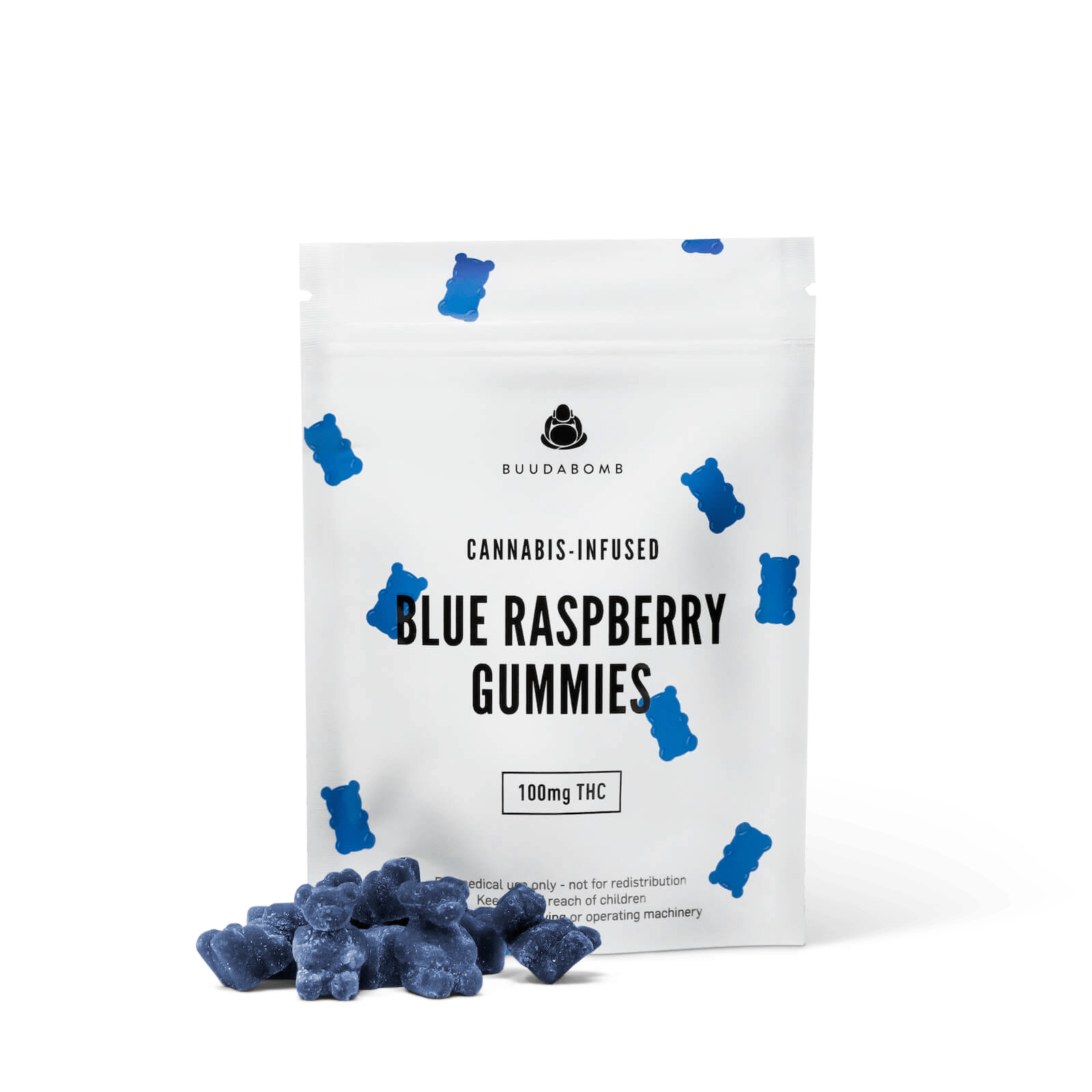 A close-up image of BuudaBomb Blue Raspberry Gummies, with the white packaging featuring small blue gummy bears and a pile of blue raspberry-flavored gummies in front