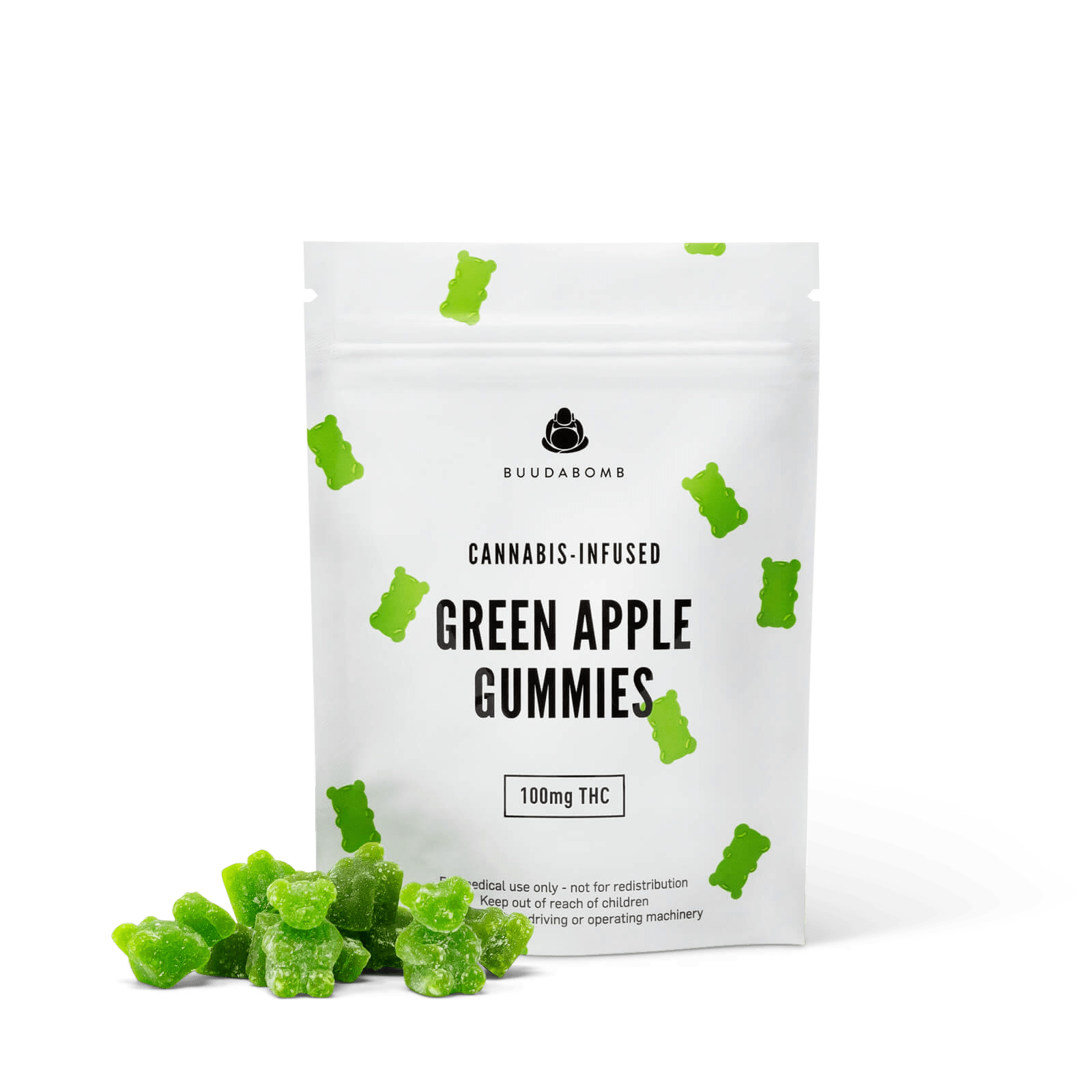 A close-up image of BuudaBomb Green Apple Gummies, with the white packaging featuring small green gummy bears and a pile of green apple-flavored gummies in front