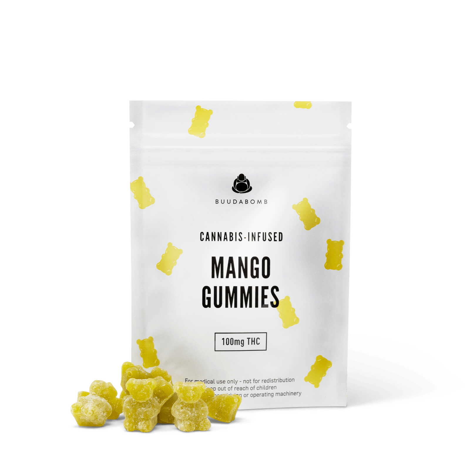 A close-up image of BuudaBomb Mango Gummies, with the white packaging featuring small yellow gummy bears and a pile of yellow mango-flavored gummies in front