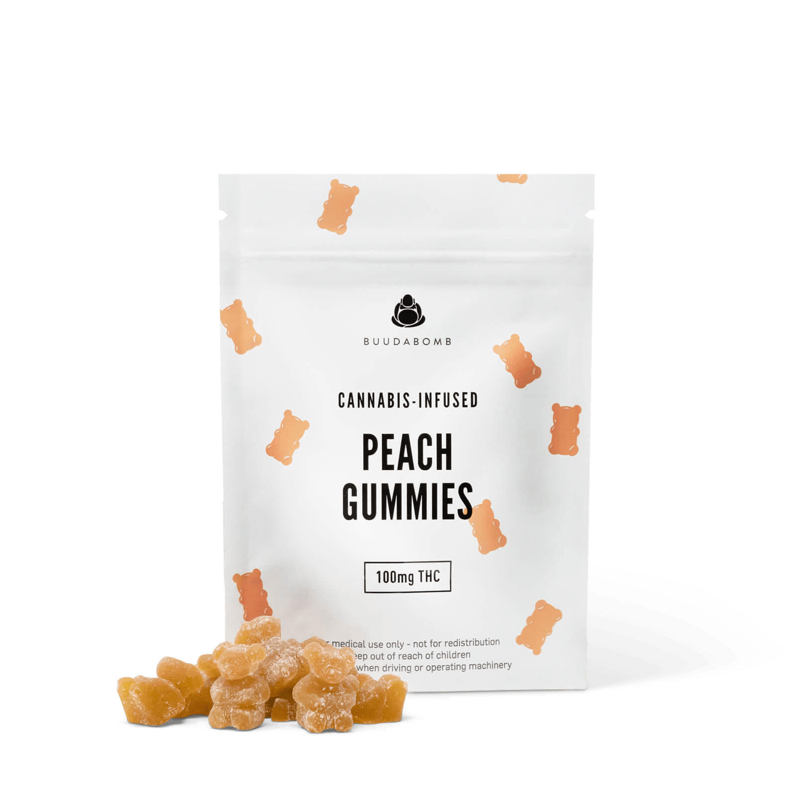 A close-up image of the BuudaBomb Peach Gummies, with the white packaging featuring small peach-colored gummy bears, and a pile of peach-flavored gummies in front