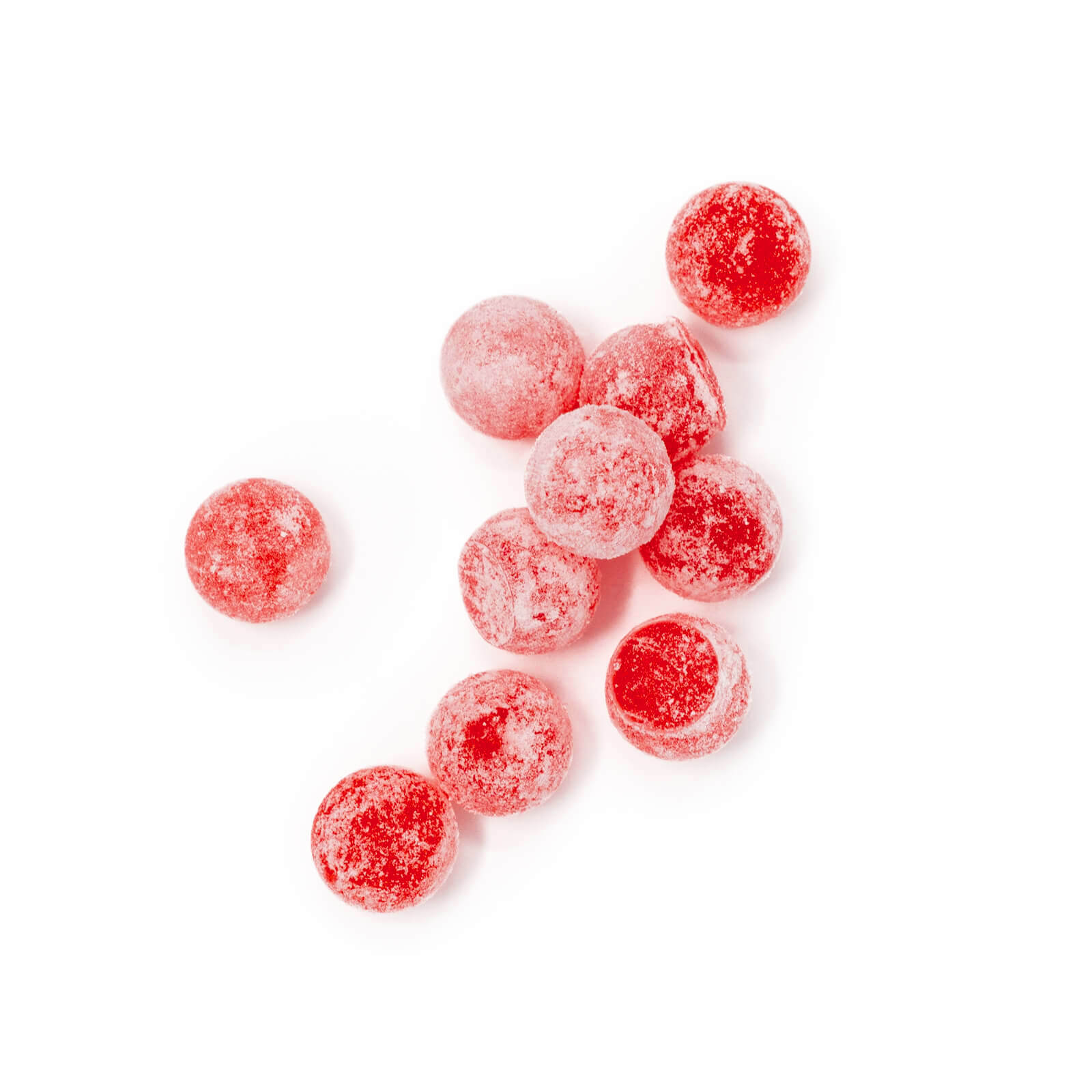 Close-up of red round Watermelon Blast gummies, sprinkled with sugar