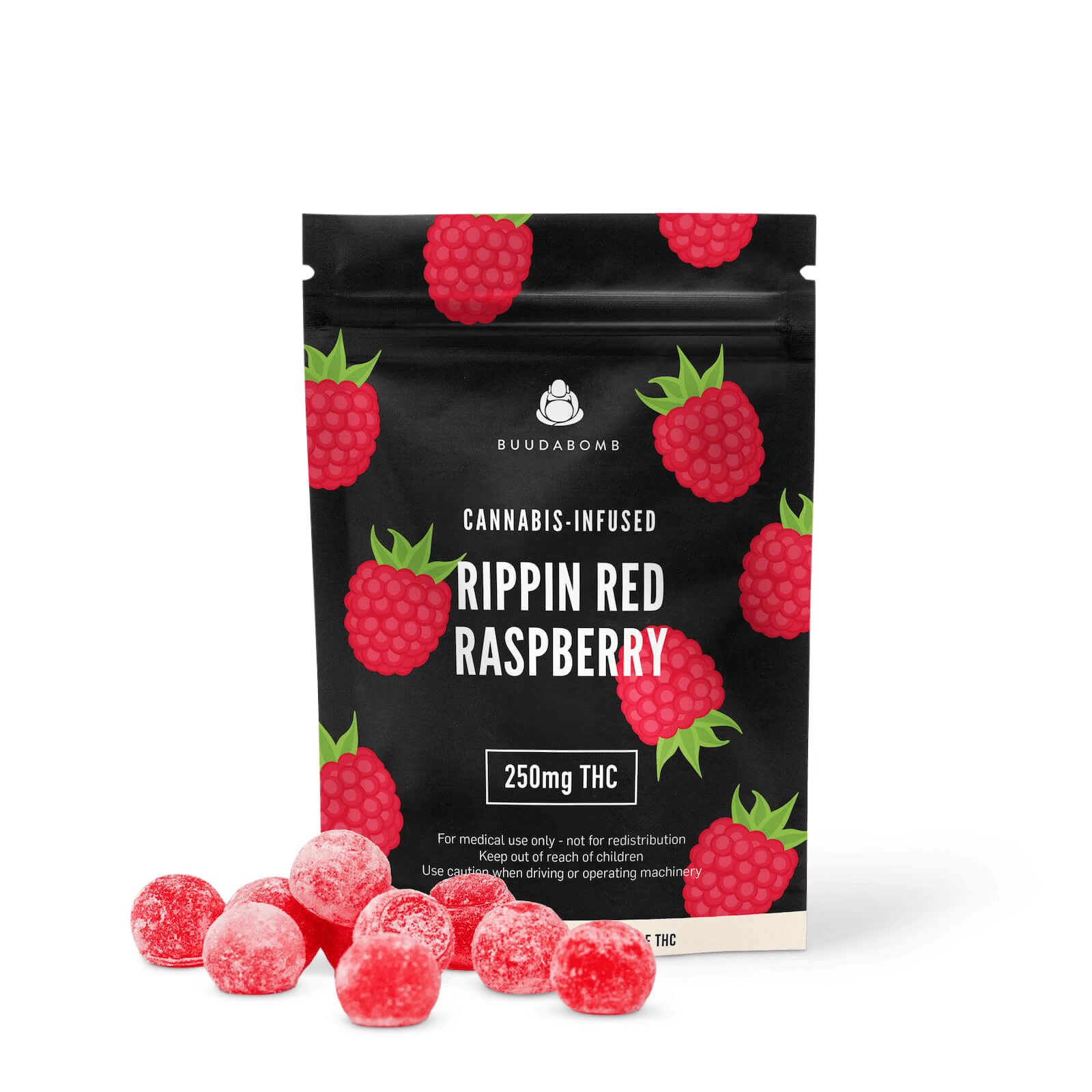 BuudaBomb Rippin Red Raspberry gummies package with raspberry-themed design, displaying several round red gummies in front