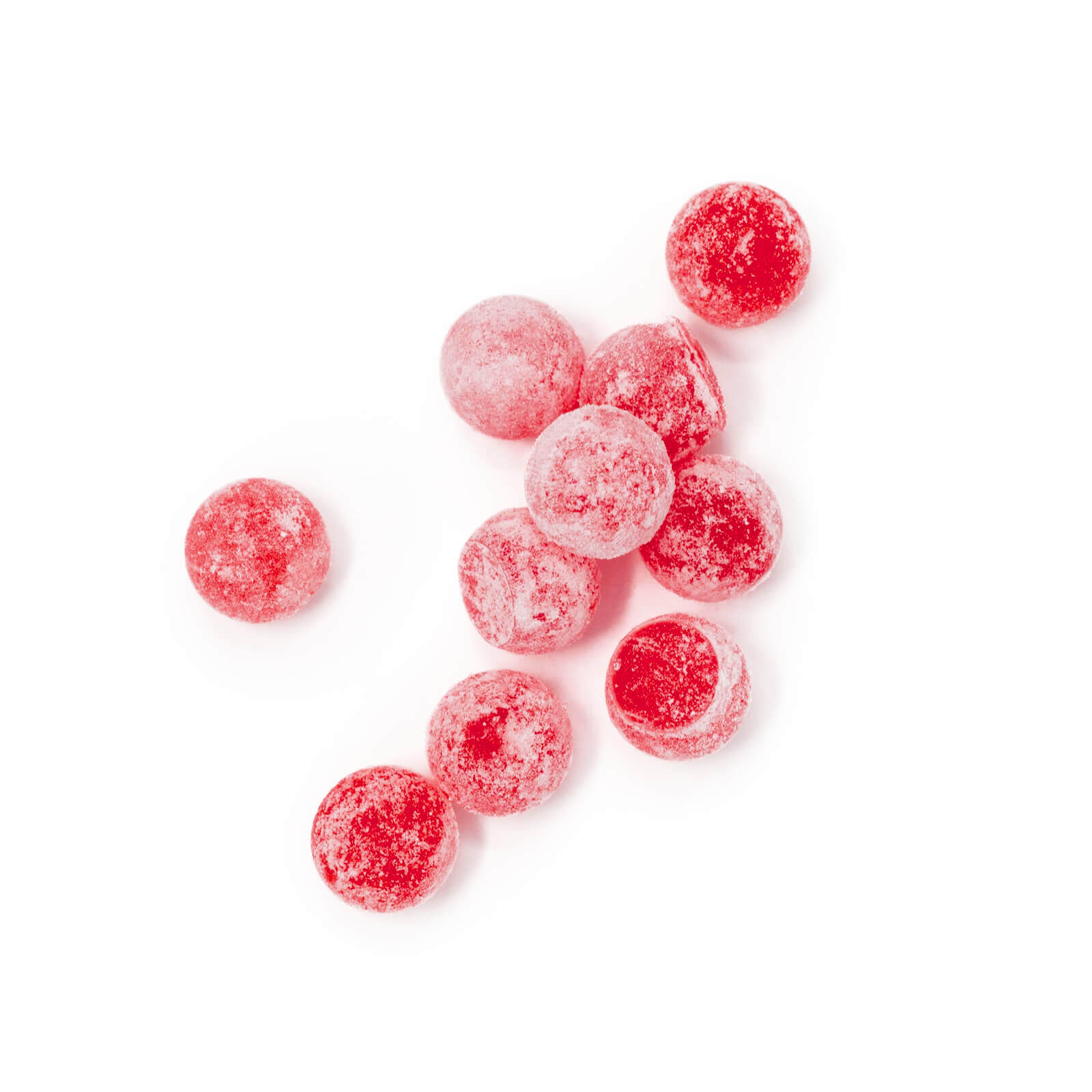 Another close-up of red Watermelon Blast gummies arranged on a white background