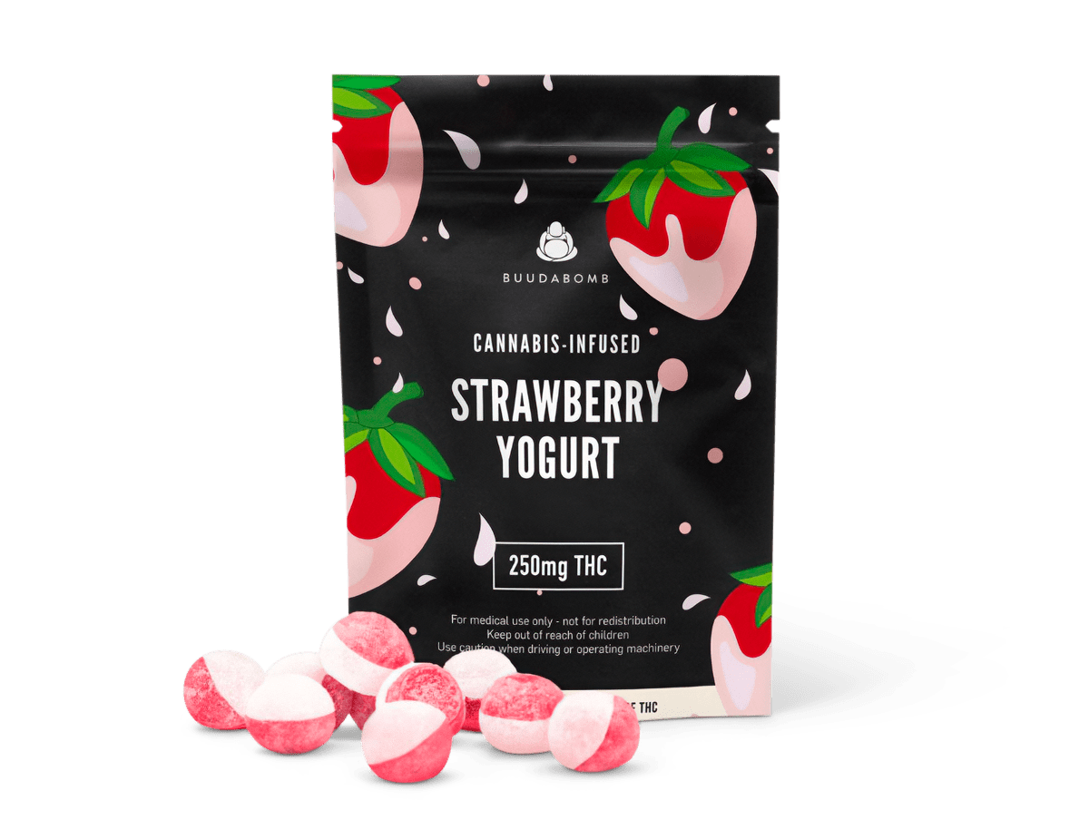 BuudaBomb Strawberry Yogurt gummies package with strawberry-themed design, displaying several red and white gummies in front