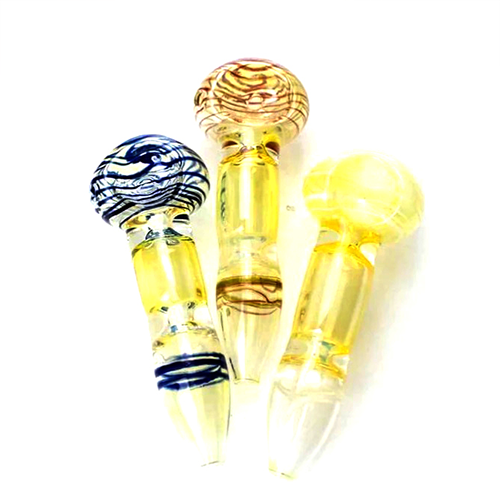 A set of three 4.5-inch Changing Colors Spiral Glass Marijuana Pipes, each featuring a unique spiral design on the bowl. The pipes showcase vibrant colors with one pipe having a dark blue spiral, another a beige swirl, and the third in yellow. The transparent body of each pipe adds to their visual appeal, while the color-changing feature makes them an exciting choice for smoking enthusiasts.
