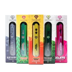 Five Diamond Concentrates 2g disposable vape pens in their packaging, featuring flavors such as Blueberry OG, Pineapple Express, Gorilla Glue, Girl Scout Cookies, and Gelato arranged in a row with colorful, distinct designs.